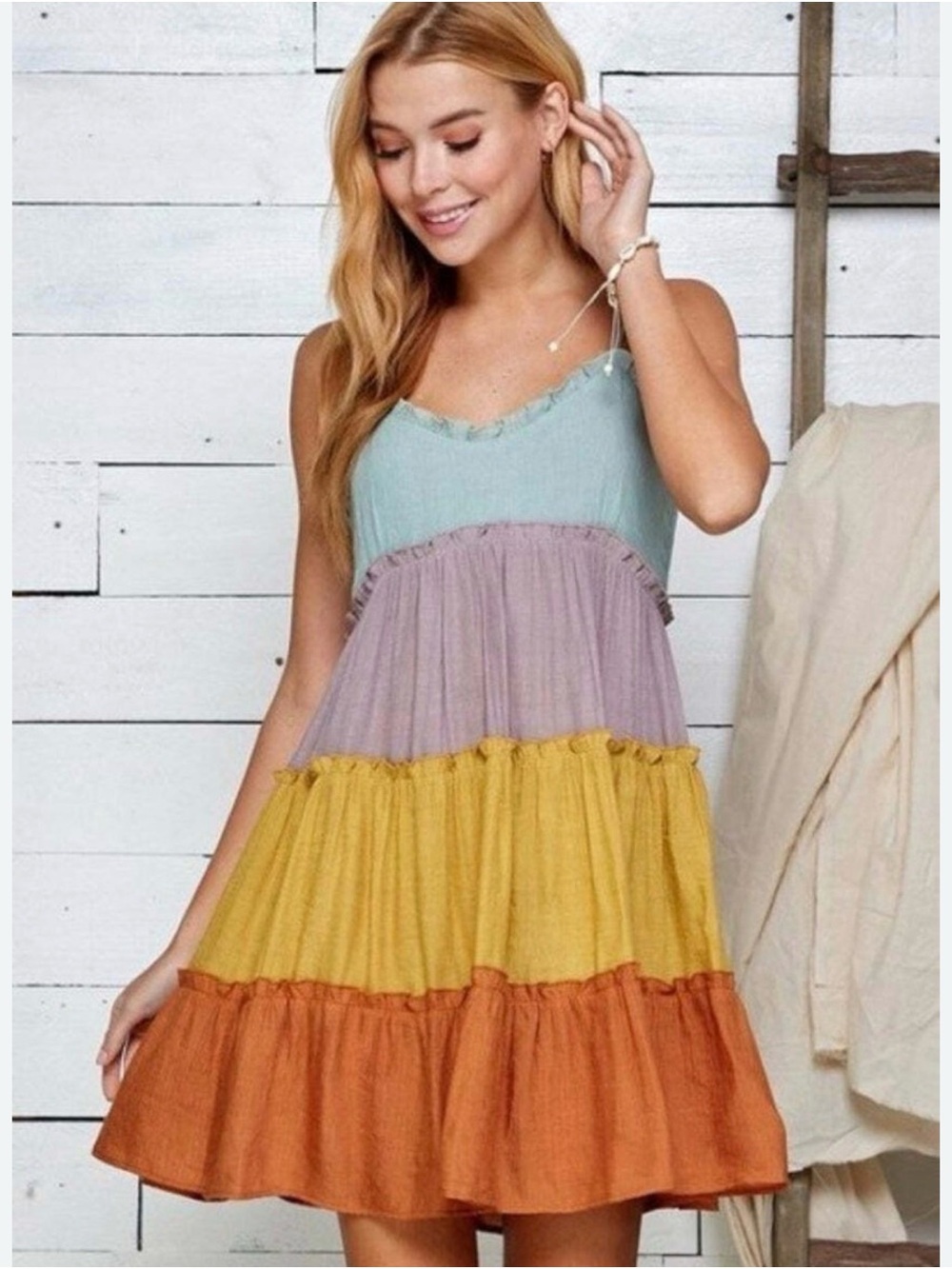 Tiered Colorblock Spaghetti-Strap Mini Dress in Mint, Lavender, Mustard & Rust
